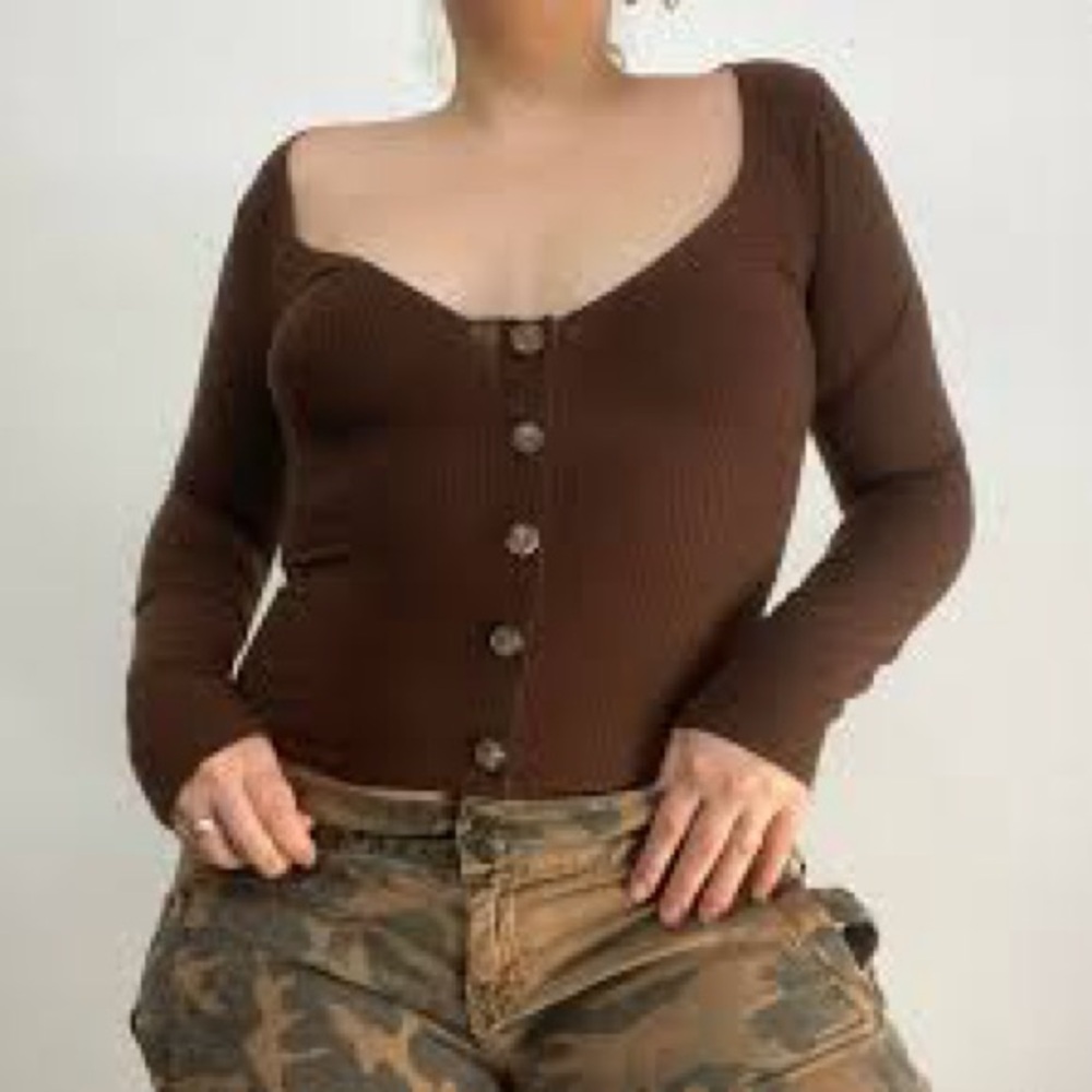 Reformation Brown Long-sleeve v-neck top